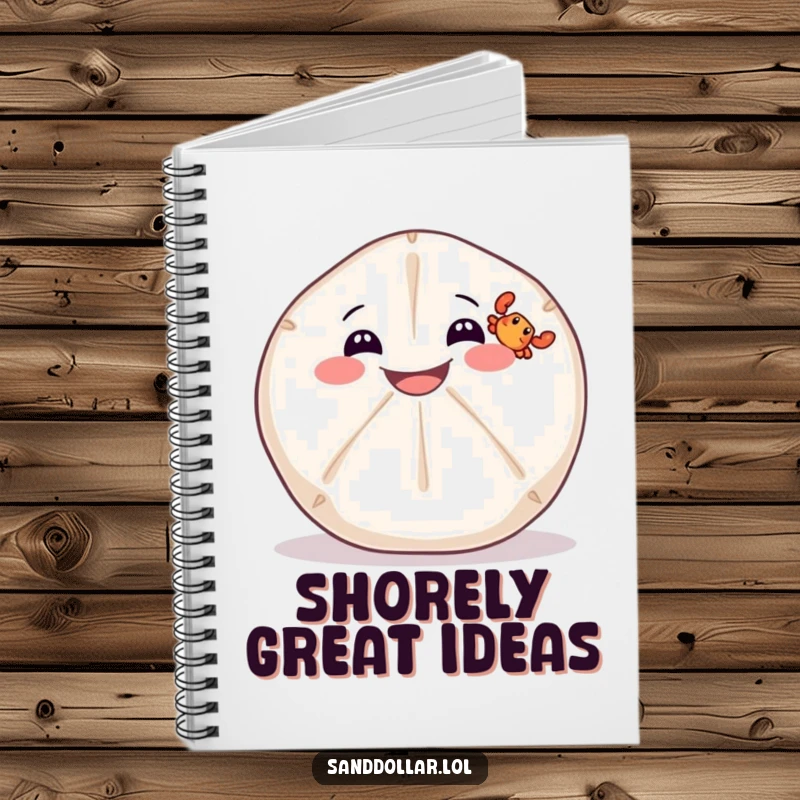 Funny notebook with a wide-grinning sand dollar balancing a tiny crab, perfect for jotting notes.
