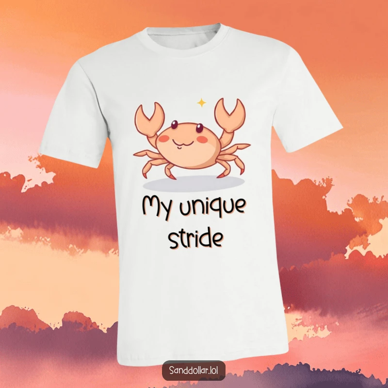 Funny T-Shirt depicting a small crab scuttling sideways with a mischievous sparkle in its eyes, conveying a fun and quirky character.
