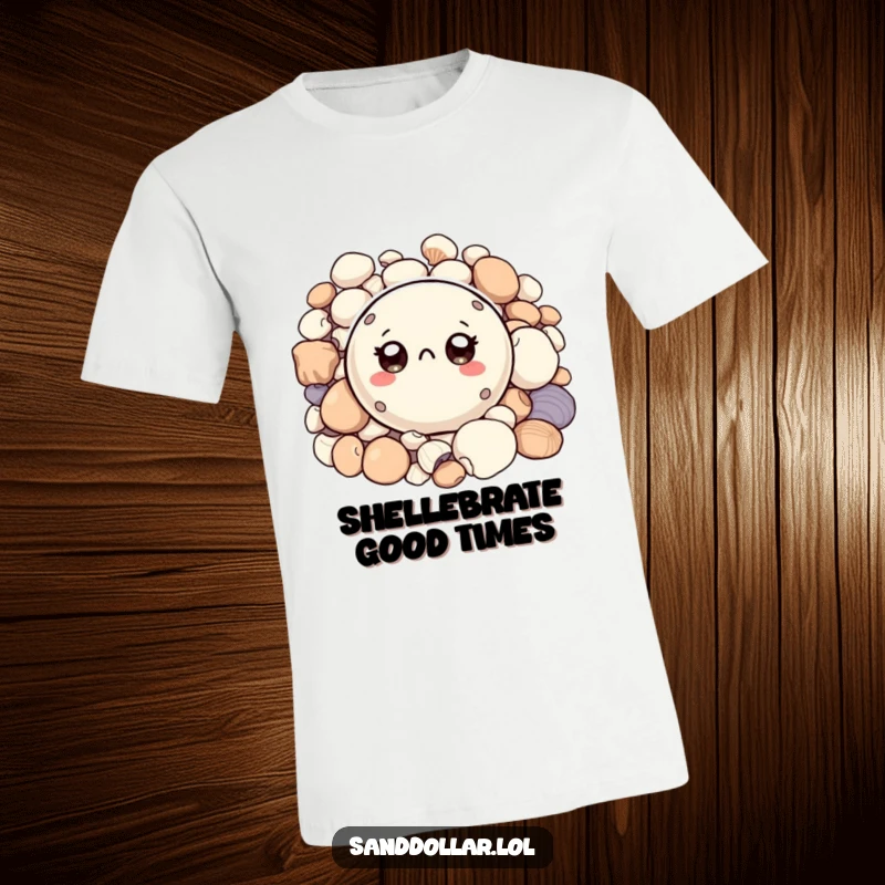 Funny t-shirt with a small, round sand dollar character, big curious eyes peeking from shells, exuding charm and coastal humor.