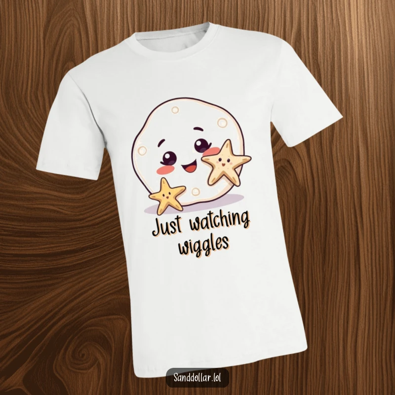 Funny T-Shirt showcasing a sand dollar character with a large, curious smile, looking at a wiggling starfish, embodying gentle observation and fun.