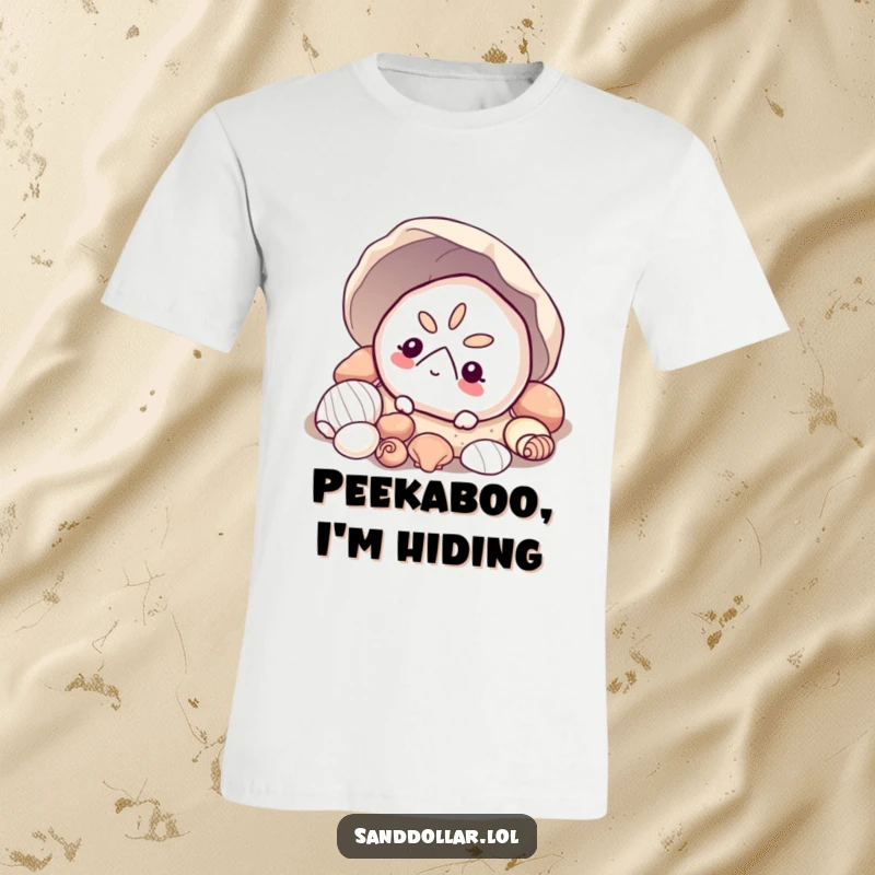 Funny sand dollar t-shirt, a curious sand dollar peeking from a pile of delicate shells, highlighting beachcombing fun.