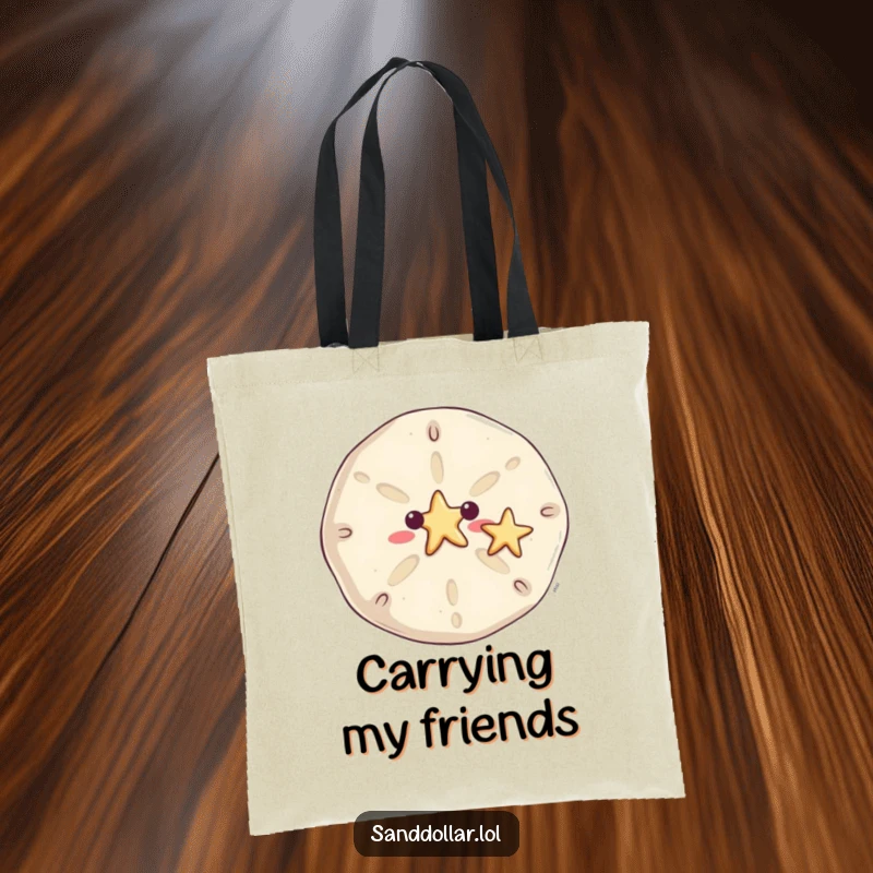 Funny sand dollar tote bag, practical and stylish, with a smiling sand dollar waving a tiny starfish, ideal for beach trips.