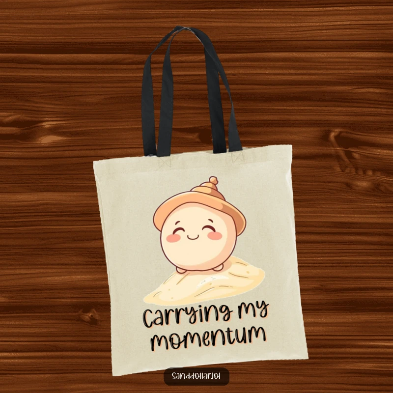 Funny tote bag with a giggling sand dollar character in a shell hat, rolling down a dune, perfect for carrying essentials with humor.