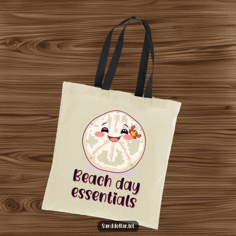 Funny tote bag featuring a wide-grinning sand dollar balancing a tiny crab, perfect for beach trips and shopping.