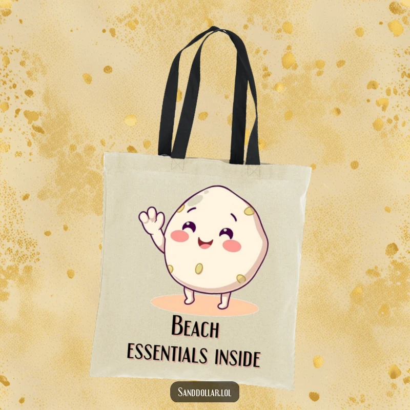 Funny Sand Dollar Tote Bag showing a smiling sand dollar with legs waving, a practical and humorous beach accessory.