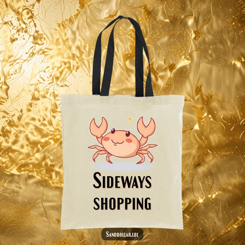 Funny Tote Bag featuring a small crab character scuttling sideways with a playful sparkle, ideal for carrying beach essentials with charm.